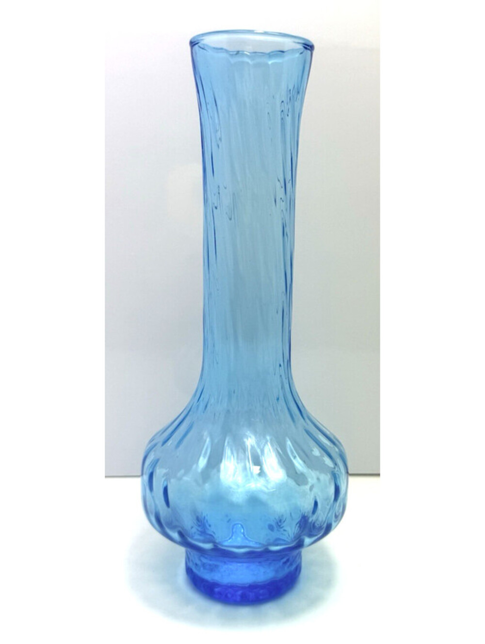 Vtg Bright Blue Glass Bulb Optic Vase Ribbed Hand Blown Textured Base Bubbles